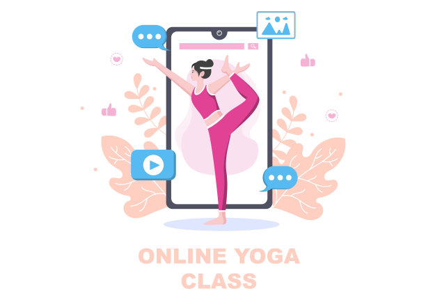 在线课程，瑜伽和冥想课程通过观看视频，直播，互联网教育在您的笔记本电脑或手机在家里。矢量图图片下载
