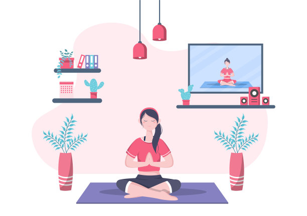 在线课程，瑜伽和冥想课程通过观看视频，直播，互联网教育在您的笔记本电脑或手机在家里。矢量图图片下载