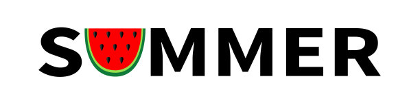 你好,夏天的文本。西瓜图标的信。把种子切成两半。绿果，红果，果皮。整根成熟的绿色茎。天然健康食品。热带水果。白色背景。孤立。图片下载