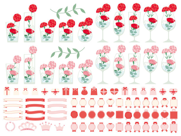 一套以康乃馨和玫瑰为图案的玻璃杯。图片下载