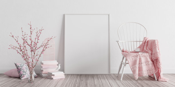 白色客厅与粉色装饰和白色扶手椅与粉色毯子，最小的室内设计3d渲染素材图片