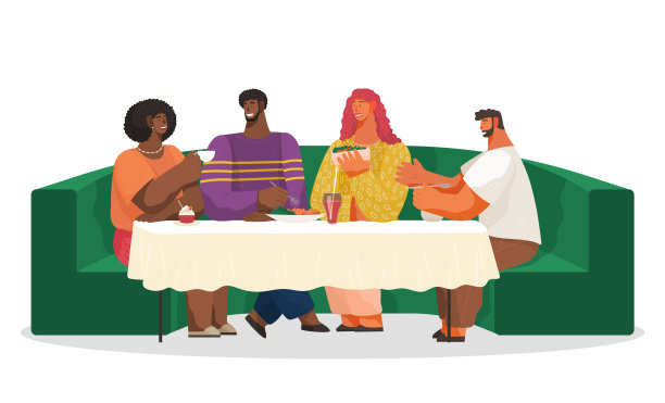 朋友们正坐在咖啡厅或餐馆里柔软的绿色长沙发上围坐在桌边吃喝图片下载