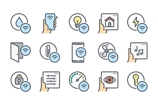 智能家居遥控器颜色线图标设置。智能家居网络系统和管理线性图标。室内传感器和无线技术彩色轮廓矢量标识采集。图片下载