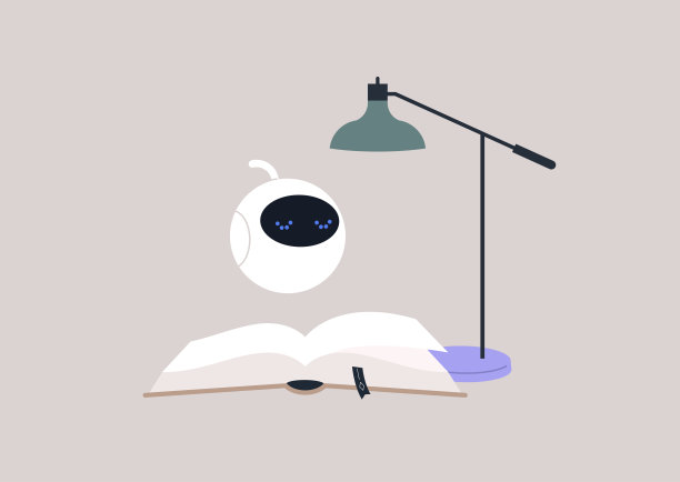 机器学习的过程，一个可爱的圆形机器人看书，一个人工智能的概念图片下载