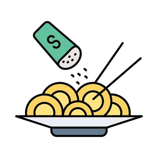 面条与盐锅概念，面条与棒和盘子矢量颜色图标设计图片下载