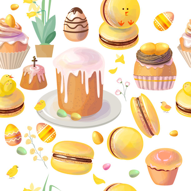 无缝图案与传统的复活节甜食。黄颜色。图片下载