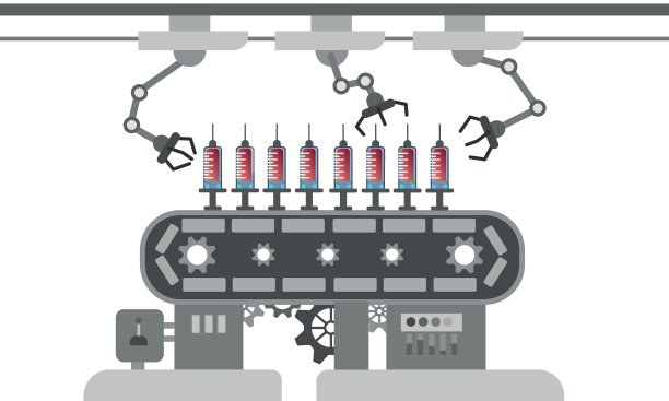 COVID-19疫苗的生产和分发。疫苗瓶在工厂皮带上滑动，用机器手制造。新冠病毒实验室隐喻海报或社交横幅。图片下载