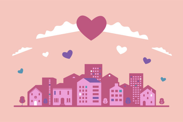 一个风格化的几何城市，上面漂浮着心和云。情人节的象征。明信片、海报、印刷品、横幅的模板。图片下载