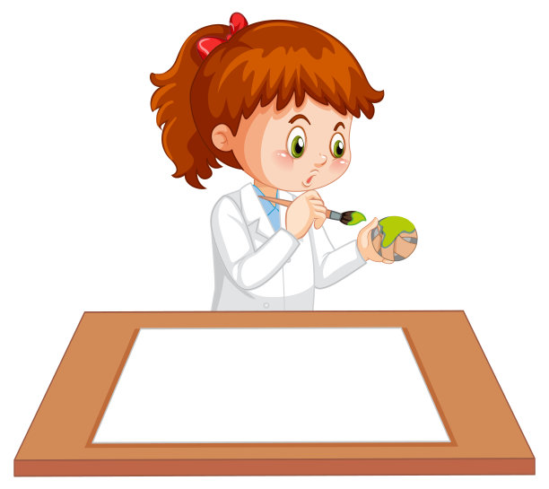 可爱的女孩穿着科学家制服，桌上放着白纸图片下载