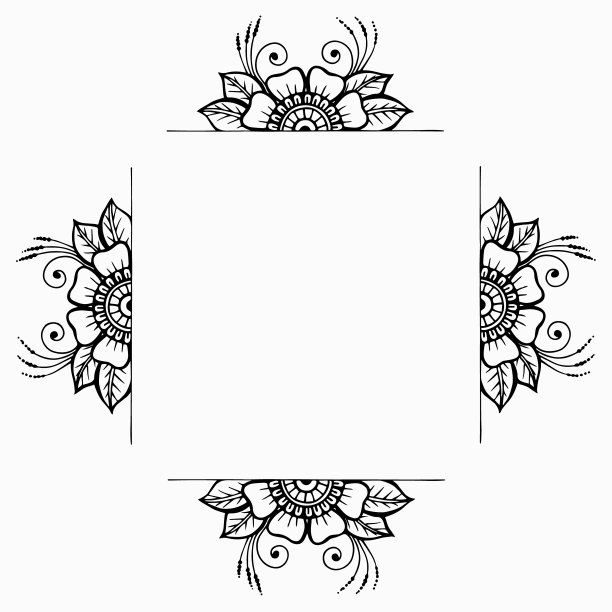 方框东方曼海蒂元素与复制空间。手绘轮廓花在印度指甲花纹身风格的横幅卡片社交媒体模板。矢量图孤立图片下载