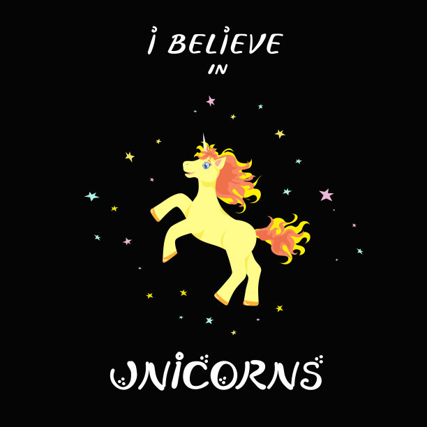 快乐的、卡通化的、蓝眼睛的独角兽，长着黄色和淡红色的鬃毛和尾巴，像五颜六色的星星一样昂首挺胸，上面写着“我相信独角兽”。平面矢量插图的打印，装饰图片下载