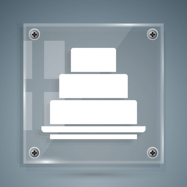 白色蛋糕图标孤立在灰色背景。生日快乐。方形玻璃面板。向量图片下载