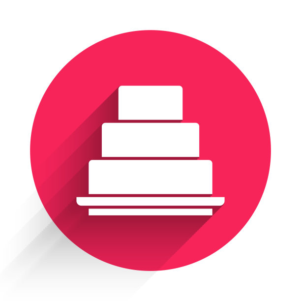 白色蛋糕图标孤立与长影子。生日快乐。红色圆圈按钮。向量图片下载