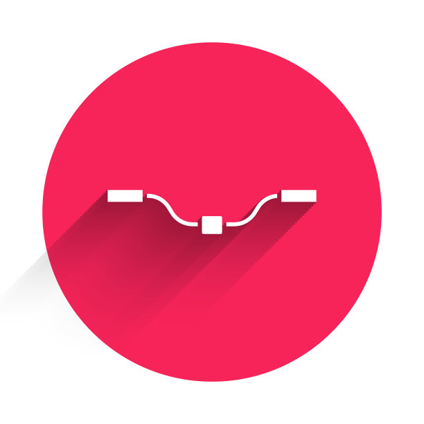 白色自行车把手图标孤立与长影子。红色圆圈按钮。向量图片下载