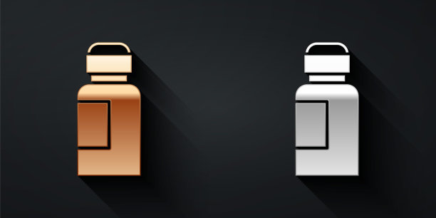 金和银颜料，水粉，罐子，染料图标孤立在黑色背景。长长的阴影风格。向量图片下载