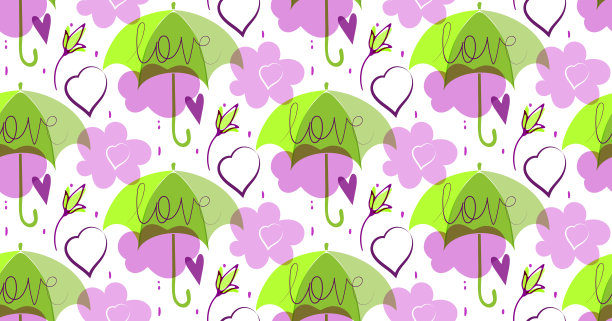 矢量伞，云无缝图案，爱的概念，手写文字，透明形状的颜色石灰绿色，淡紫色图片下载