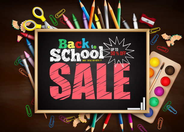 回学校销售矢量横幅模板。返校销售高达50%的课文与黑板和学习用品元素的教育项目折扣广告设计。图片下载