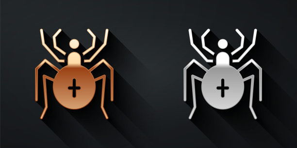 金色和银色蜘蛛图标孤立在黑色背景。快乐的万圣节派对。长长的阴影风格。向量图片下载