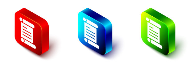 等距法令，纸，羊皮纸，卷轴图标图标孤立在白色背景。红色，蓝色和绿色的方形按钮。向量图片下载