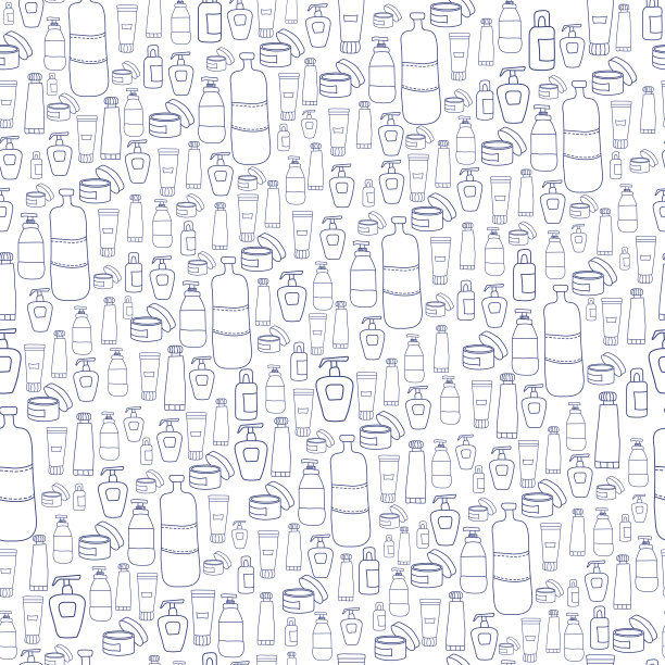 无缝模式的美丽和化妆图标。霜和瓶子。向量轮廓。女装套装、包装、设计装饰、印刷、壁纸图片下载