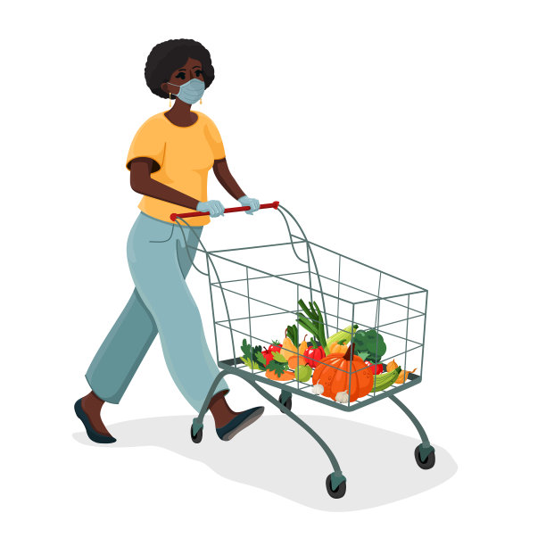 一个女人推着购物车走着。水果和蔬菜推车。图片下载
