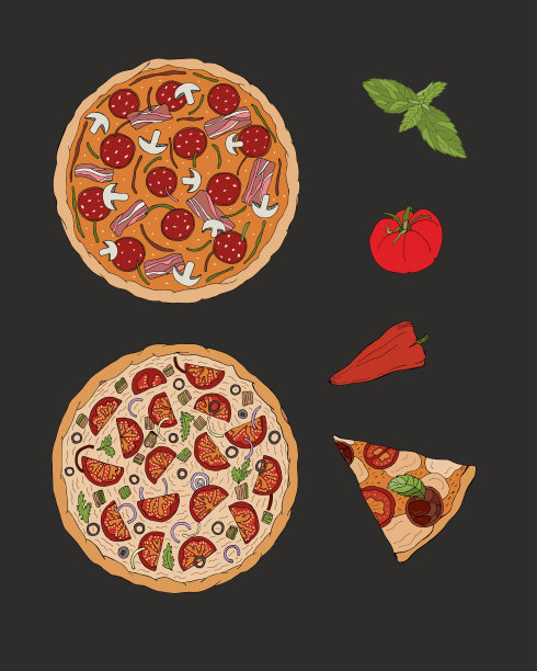 为披萨菜单设置。孤立的矢量元素以黑色轮廓手绘。素食火腿披萨。一块糕点。成熟的新鲜番茄，胡椒和罗勒。图片下载