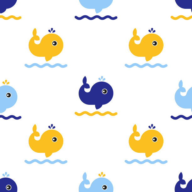 海洋生物，海浪上的鲸鱼。无缝模式。向量图片下载