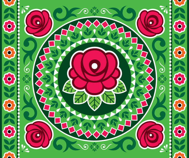 巴基斯坦和印度卡车艺术矢量无缝图案或水平海报设计与玫瑰，花卉主题曼荼罗，排灯节充满活力的图案图片下载