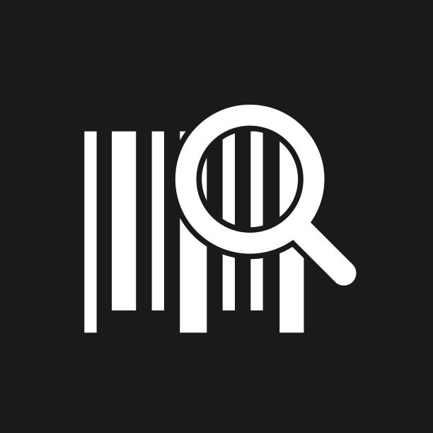 搜索条码图标孤立的黑色背景。放大镜搜索条码。图片下载