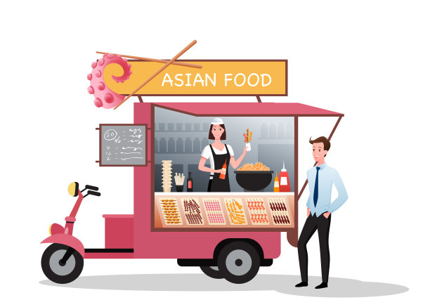 亚洲街头市场的卡车外卖烧烤食物，年轻人在集市上买烧烤图片下载