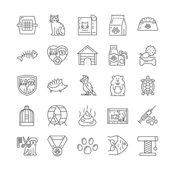 大设置的黑色和白色线绘制宠物和兽医护理图标图片下载