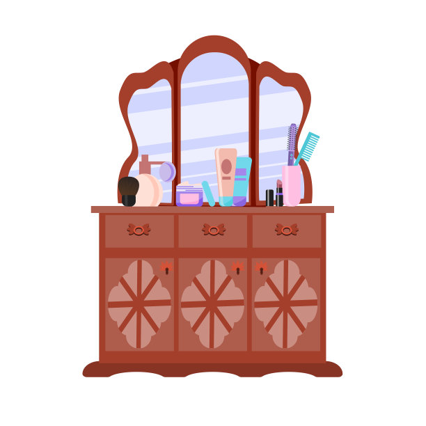 复古风格的梳妆台和镜子。化妆品，化妆刷，香水和梳子放在桌子上。矢量插图在卡通平面风格图片下载