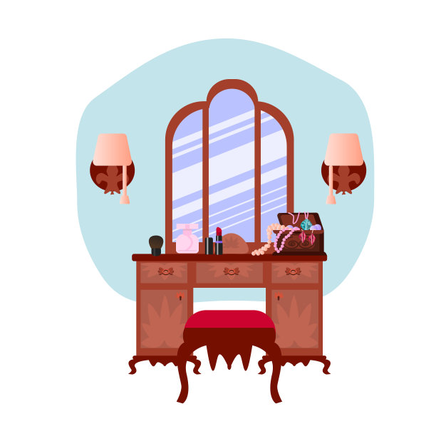 复古风格的梳妆台，配有镜子、凳子和壁灯。化妆品，首饰盒，化妆刷，香水，桌上还有一把梳子。矢量插图在卡通平面风格图片下载