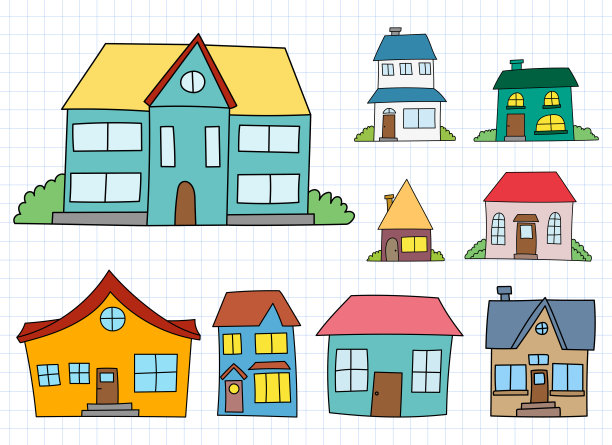 房子手绘集矢量设计插图孤立在白色的背景图片下载