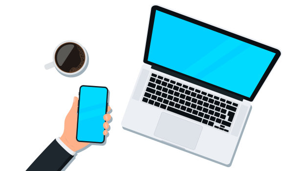 笔记本电脑。电脑笔记本。手拥有智能手机。代表工作过程的空白拷贝空间。从以上观点。工作场所的业务，管理和IT。笔记本电脑，手机和咖啡杯图片下载