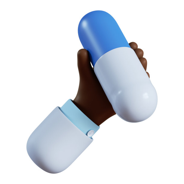 3 d渲染。蓝白色的药丸图标。医生或药剂师卡通手与黑色皮肤持有膳食补充。医疗保健插图。医药剪辑艺术孤立的白色背景。图片下载