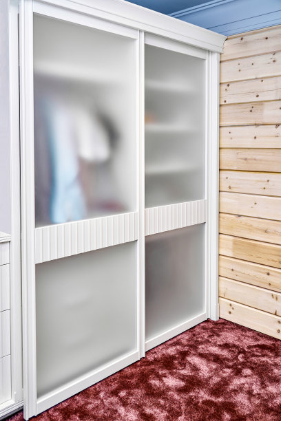 衣柜，靠近木墙的推拉门上有哑光玻璃图片下载