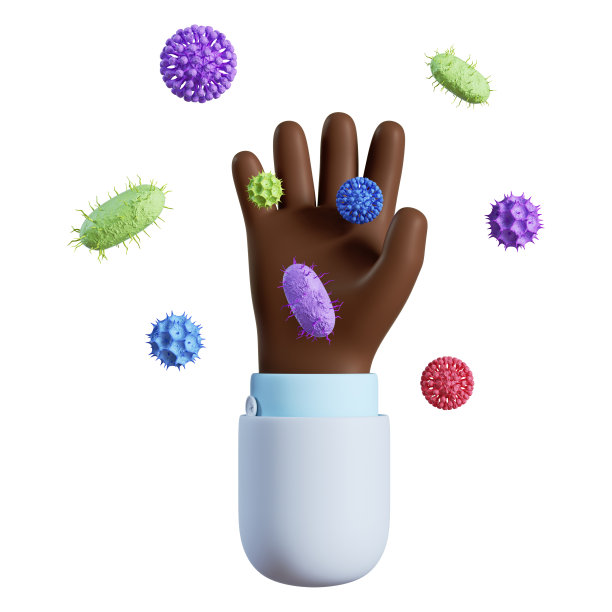 3 d渲染。防止感染。医疗图标。各种细菌和病毒在医生或科学家黑色皮肤的卡通手上飞来飞去。医疗保健剪辑艺术孤立在白色背景上图片下载