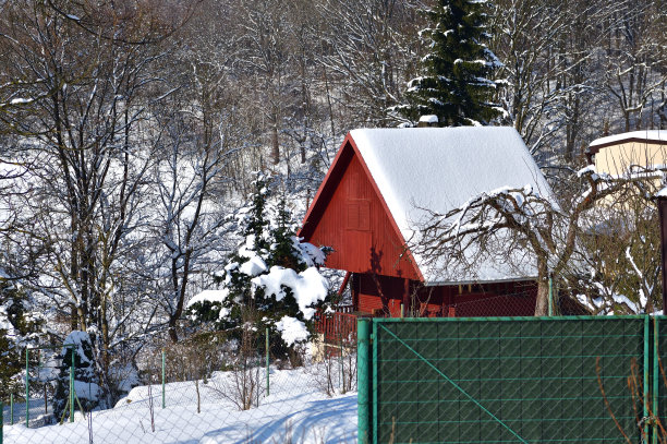 厚厚的一层刚落的雪覆盖在自然界的房屋和农舍的屋顶上图片下载