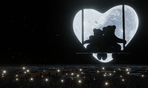 剪影情侣泰迪熊拥抱坐在秋千上心形满月夜晚天空中的星星萤火虫在草地和水面上飞翔。情人节主题的浪漫。3D渲染图片下载