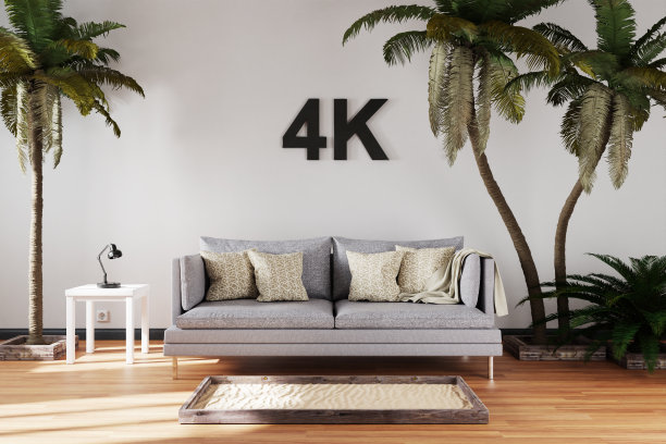 典雅的客厅内部有一个大棕榈树之间的复古沙发;4k概念沉浸式娱乐;三维演示图片下载