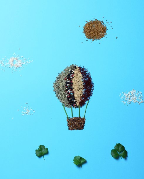 用芹菜、芝麻、芥菜、茴香、胡椒粉、藏红花、苋菜等制成的蓝天气球和太阳图片下载