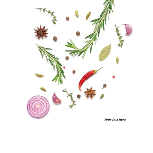 香料，药草和调味品孤立在白色的背景。创造性的布局。烹饪概念。俯视图，平放，放置文本。图片下载