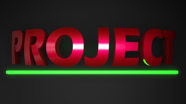 项目红色金属书写在黑色背景与绿色led条灯- 3D渲染插图图片下载