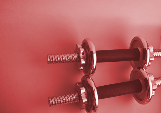 钢2个粉色哑铃与复制空间。健身运动器材。健身,运动的概念。图片下载