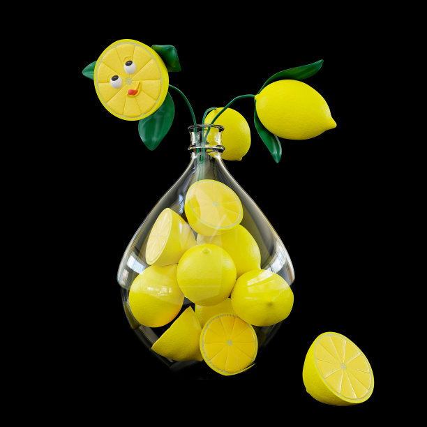 一个有柠檬的玻璃花瓶和一个可爱和快乐的卡通人物柠檬水果在一个花瓶孤立在一个黑色的背景。3 d渲染插图。图片下载