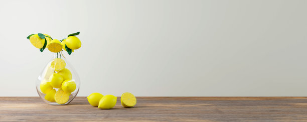 架子上的家居装饰。白墙边的木架上放着一只玻璃花瓶，上面放着柠檬片和柠檬花。3d艺术渲染图图片下载