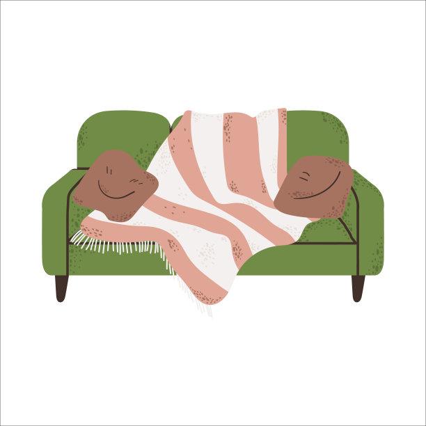 单张绿色沙发，带枕头和格子手绘插图，斯堪的纳维亚风格。矢量剪辑艺术沙发与垫子和地毯孤立在白色的背景。客厅可爱的家具与卡通平面设计。图片下载