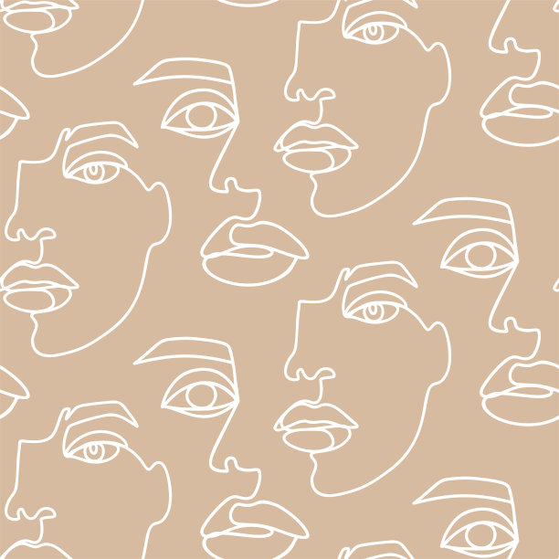 抽象一线无缝图案。以女性面孔勾勒背景。现代女性的审美轮廓。时尚印花。超现实的纹理。图片下载