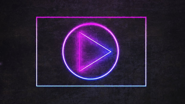 黑色混凝土墙上的霓虹灯视频播放器图标图片下载